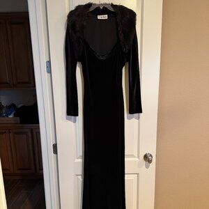 Black Velvet Gown by Cachet with Faux Fur Bolero Jacket, Size 12